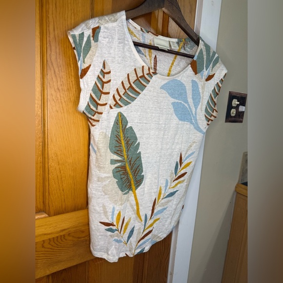 Cynthia Rowley Leaf Print Short Sleeve Top - Cream, Blue, Green, Brown - Picture 2 of 5